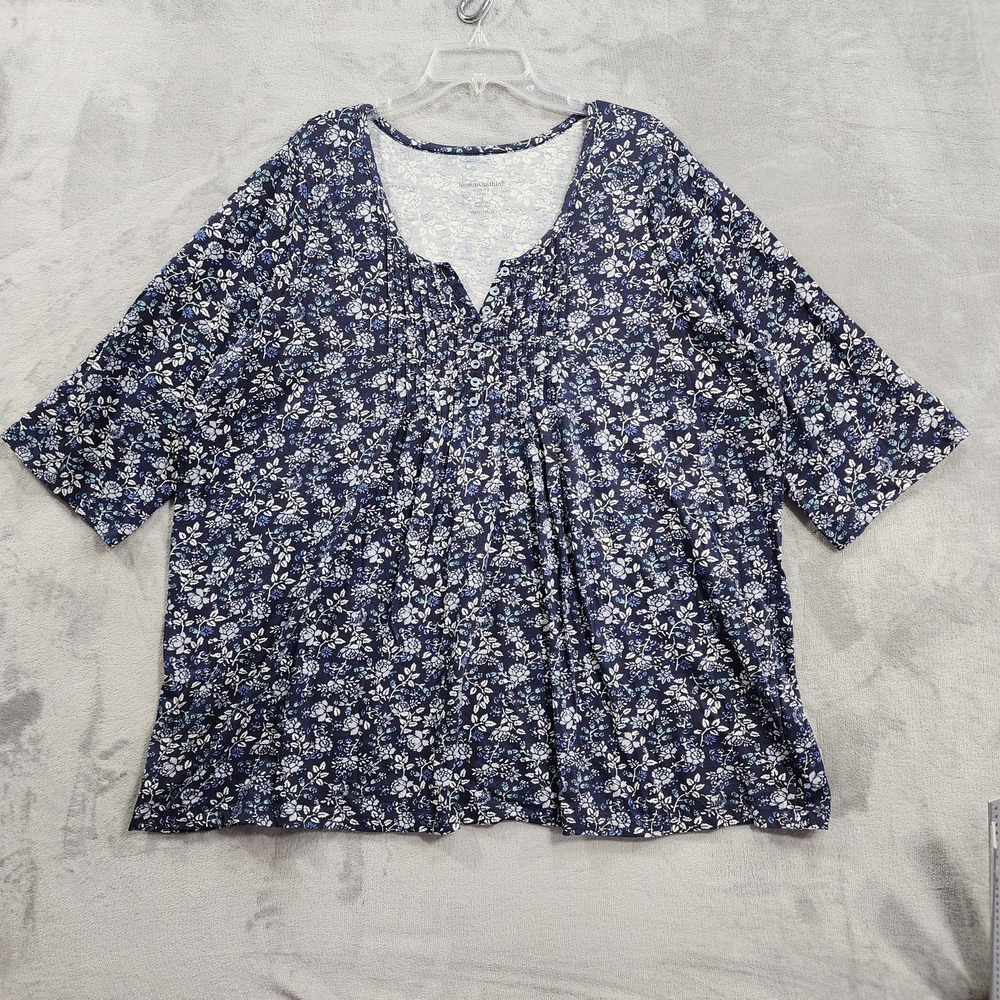 Woman Within Top Womens 1X Blue Floral Henley Tunic 3/4 Roll Tab Sleeve Casual